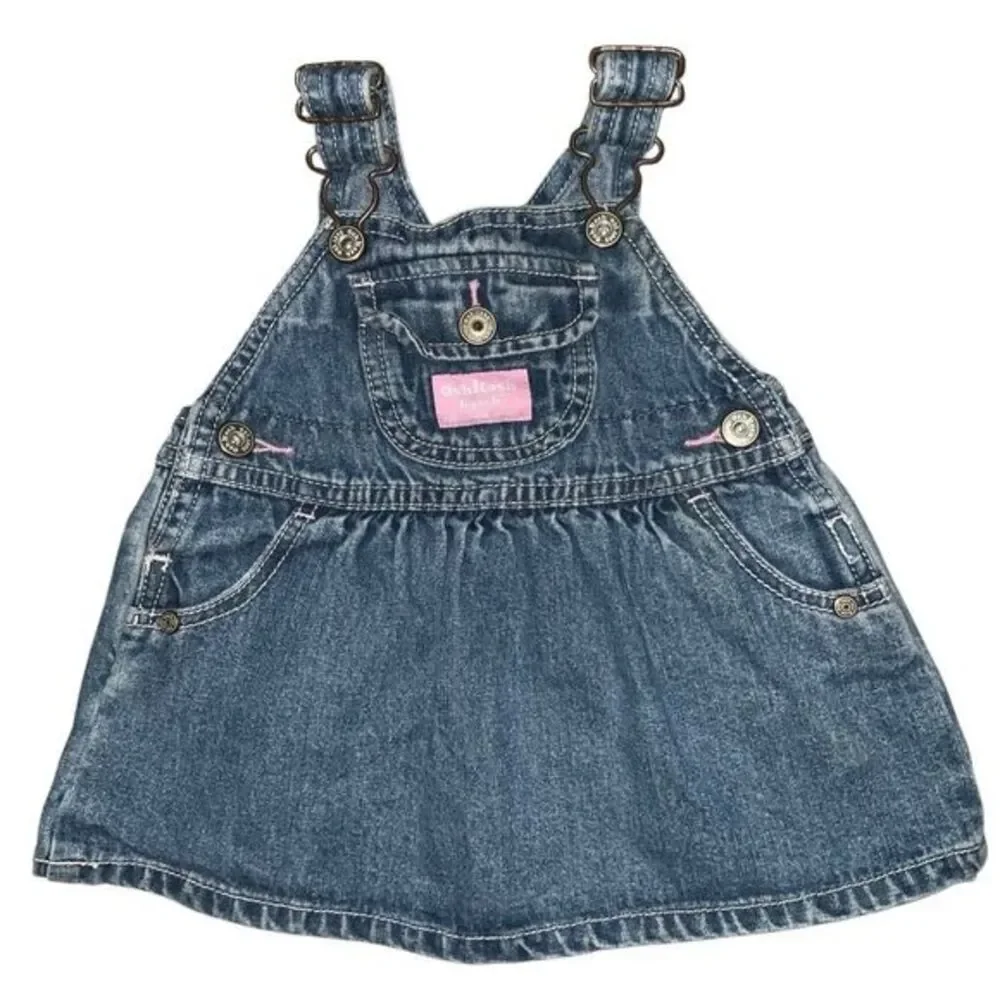 Vintage OshKosh B'gosh Denim Overall Dress Toddler Girls Pink Trim 6m